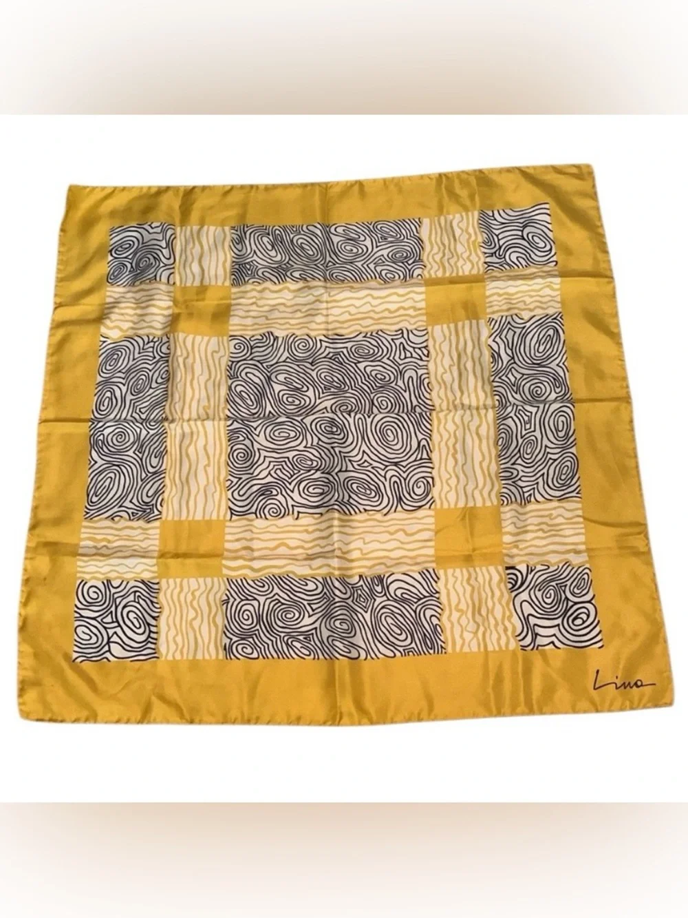 Vintage Lind Silk Scarf Yellow Black Swirls Scarf Art To Wear Geometric 26X26